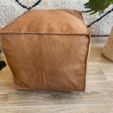 Vegan Leather Ottoman Pouf, Handmade, Cognac, Unstuffed, Moroccan Leather, Marrakech Souk
