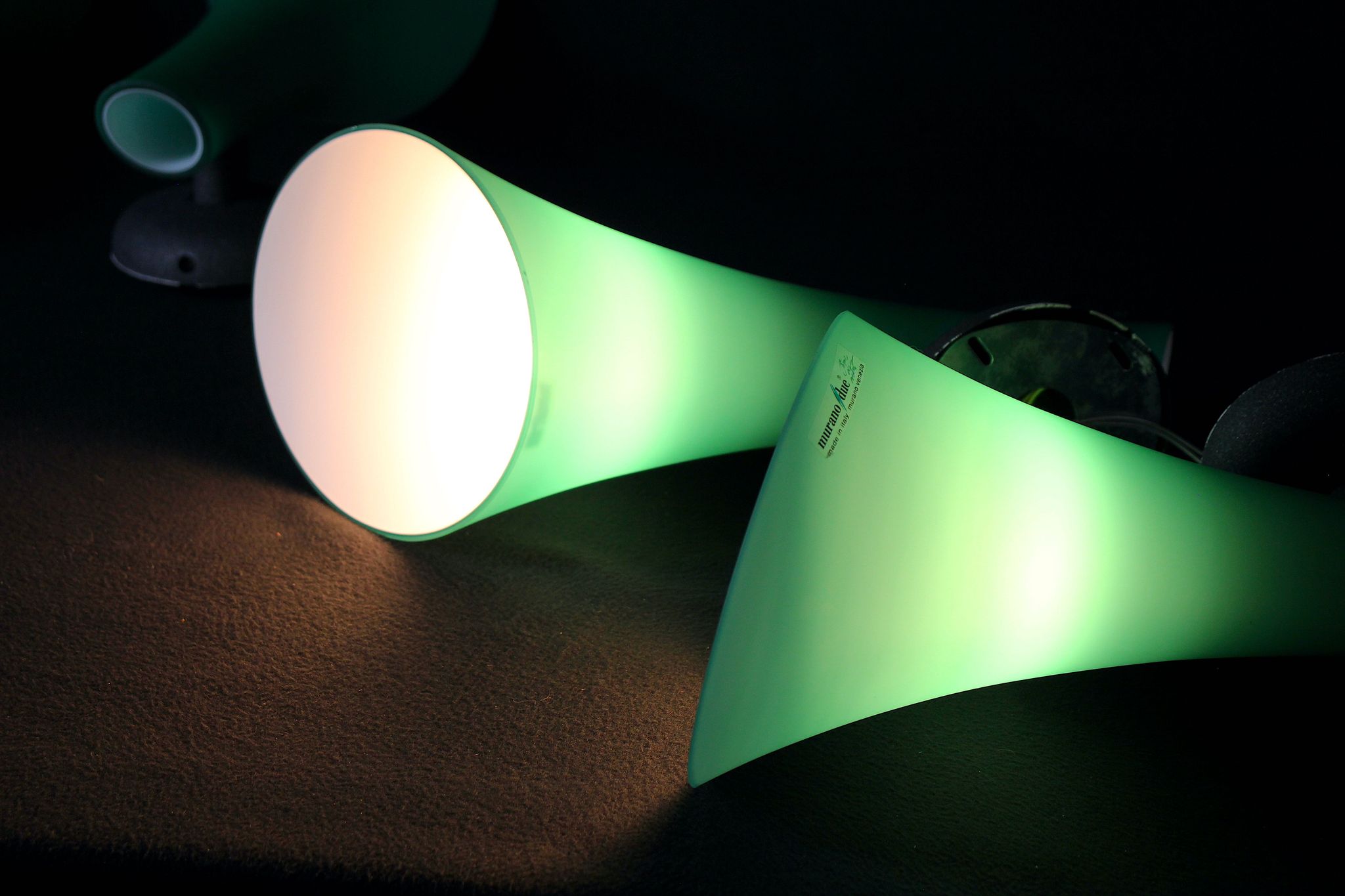 Pair of postmodern green glass wall sconces, by Carlo Nason for "murano due", Italy