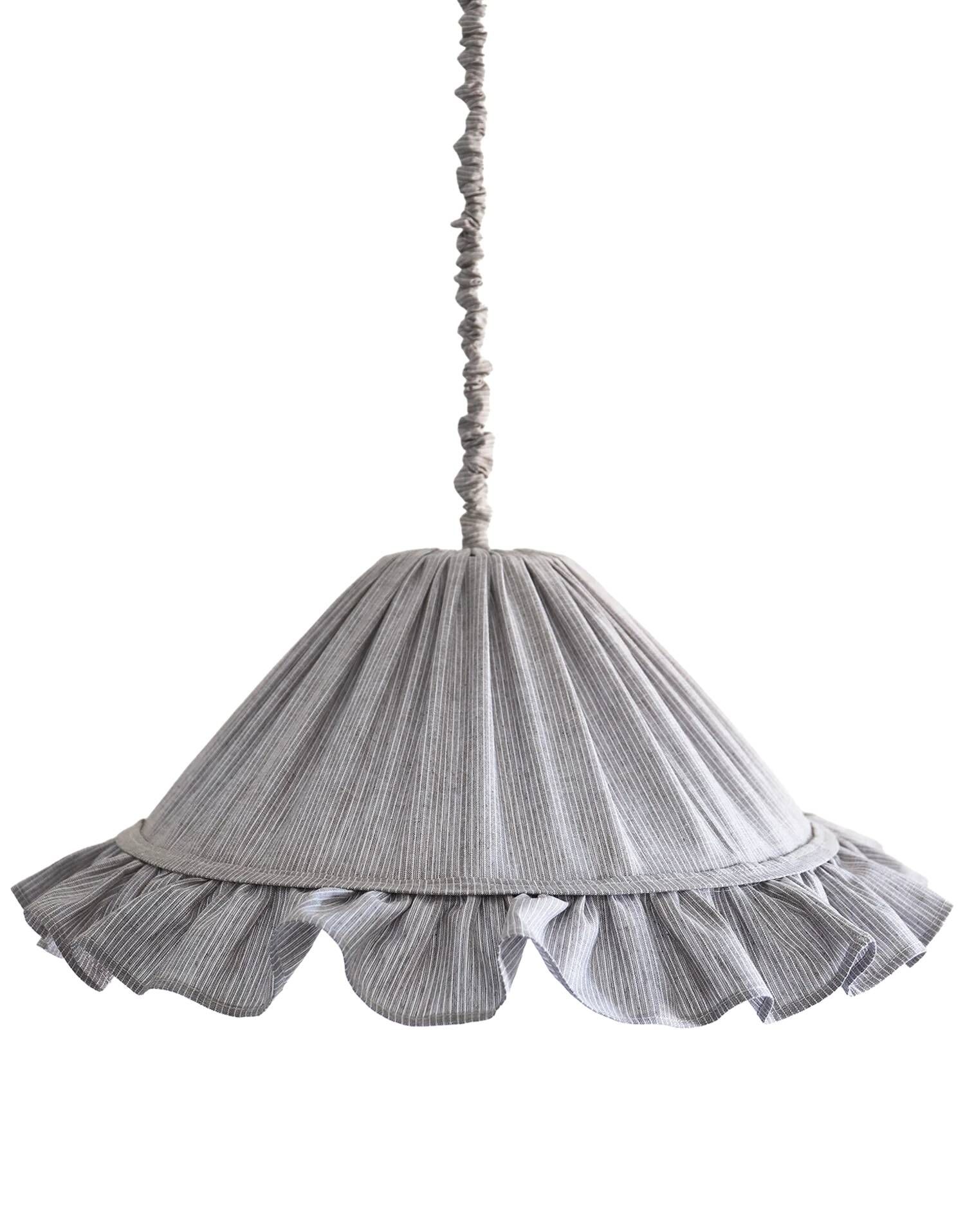 Suspension Emilia, pleated lampshade with frills, grey stripes.