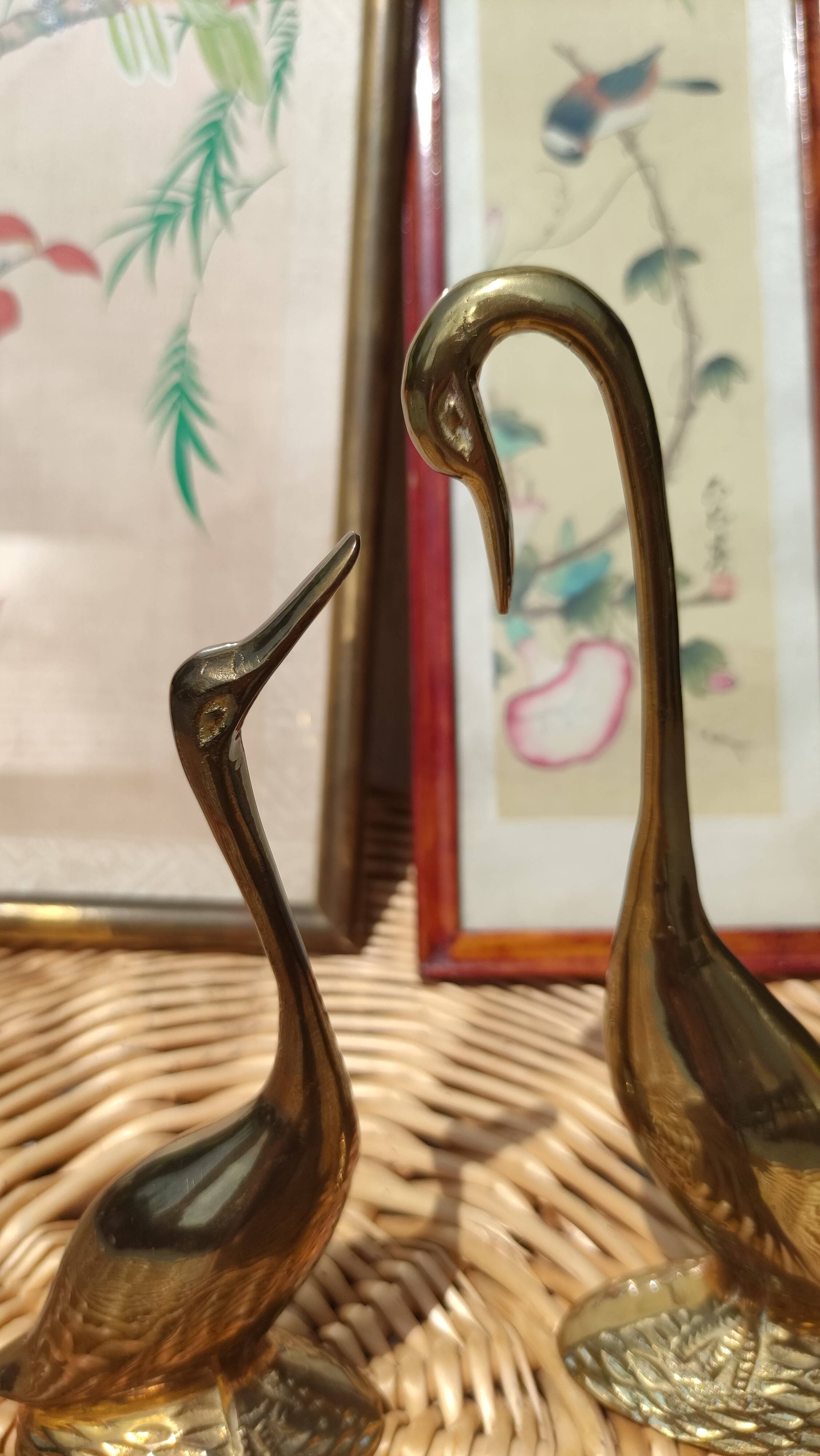 Duo of golden brass swans