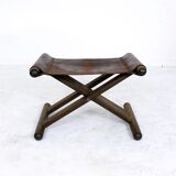 Vintage x-base oak and saddle leather folding safari stool Hungary, 1970