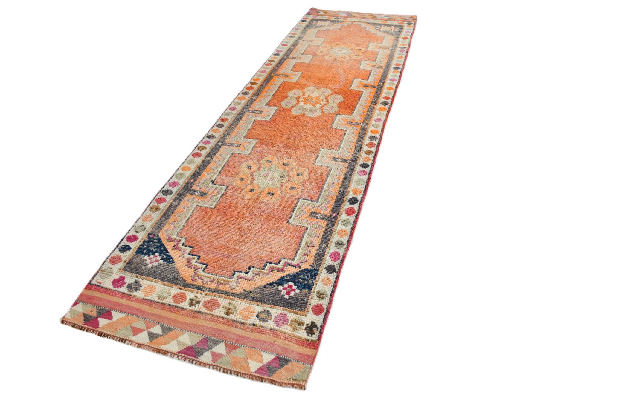 3x11 Turkish Navy Blue & Orange Vintage Runner Rug, 101x339Cm