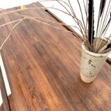 Solid pine workbench, grooved top, satin brown finish.