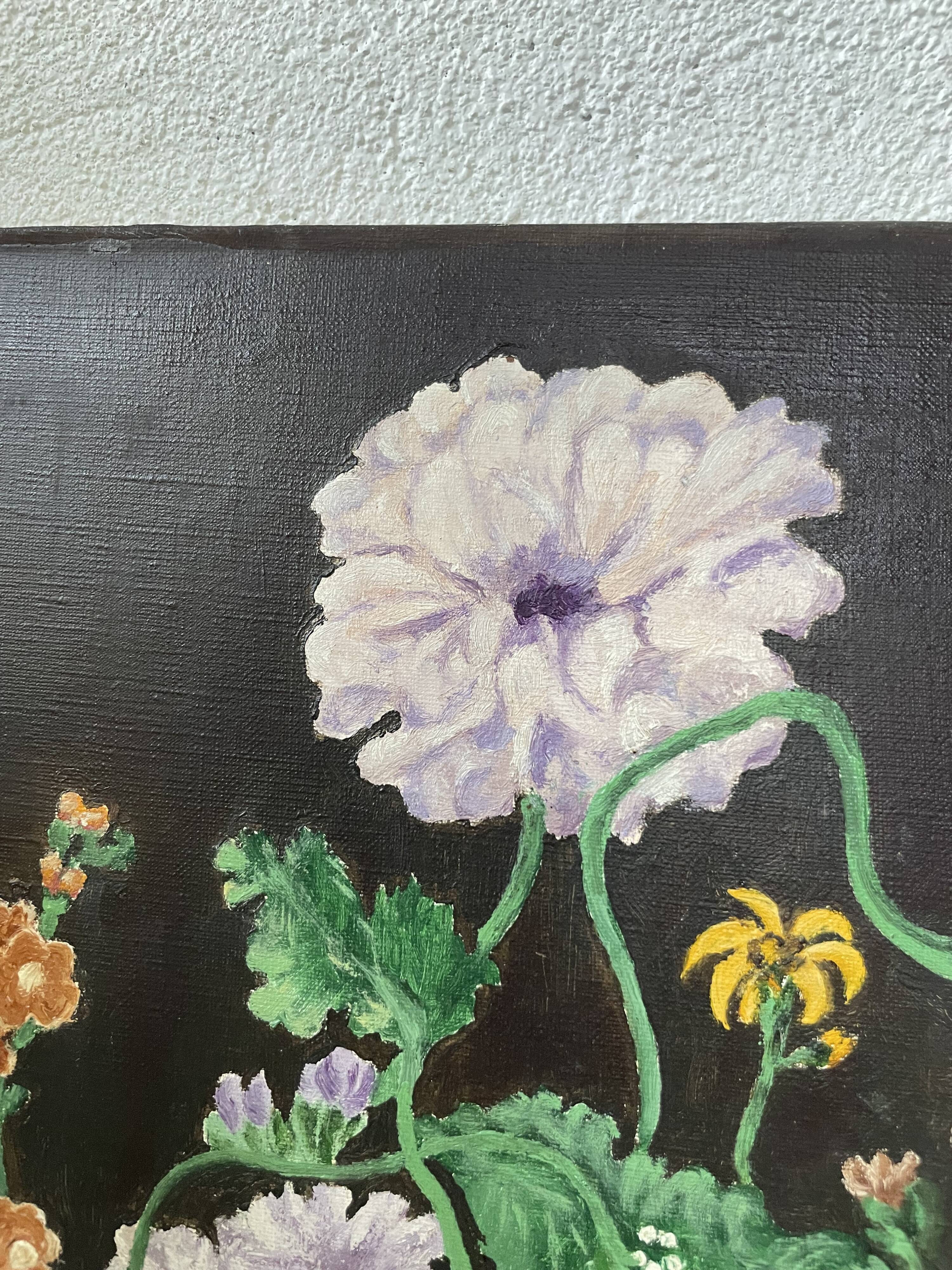 Oil painting on wood flowers signed Grumet