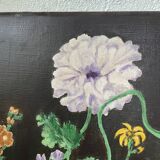 Peinture à l’huile sur bois fleurs signée Grumet