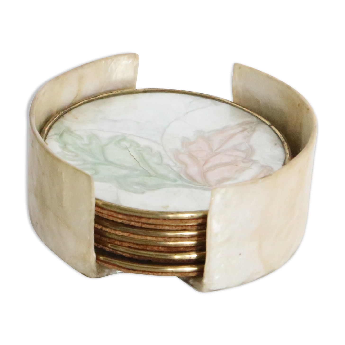 Set of 6 coasters in mother-of-pearl, brass and cork, vintage