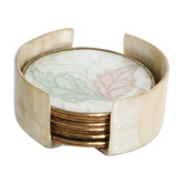 Set of 6 coasters in mother-of-pearl, brass and cork, vintage
