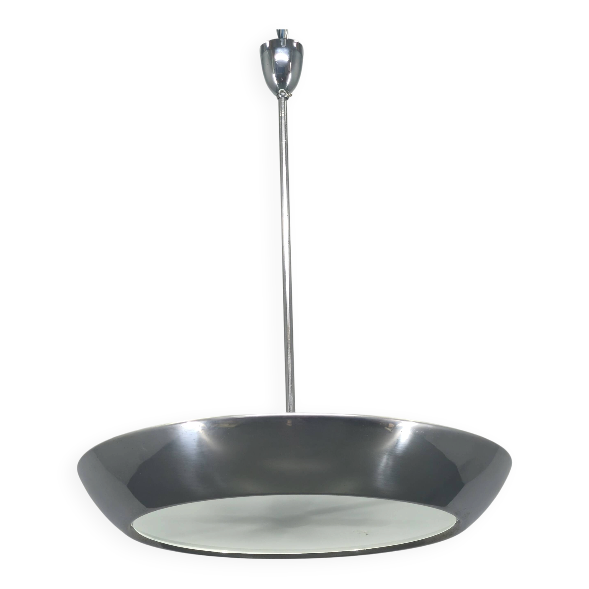 Bauhaus UFO Chandelier by Drupol, Chrome Glass Pendant, 1940s
