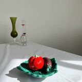 Vintage salt and pepper shaker colorful hand painted slip - Vegetables and leaf holder