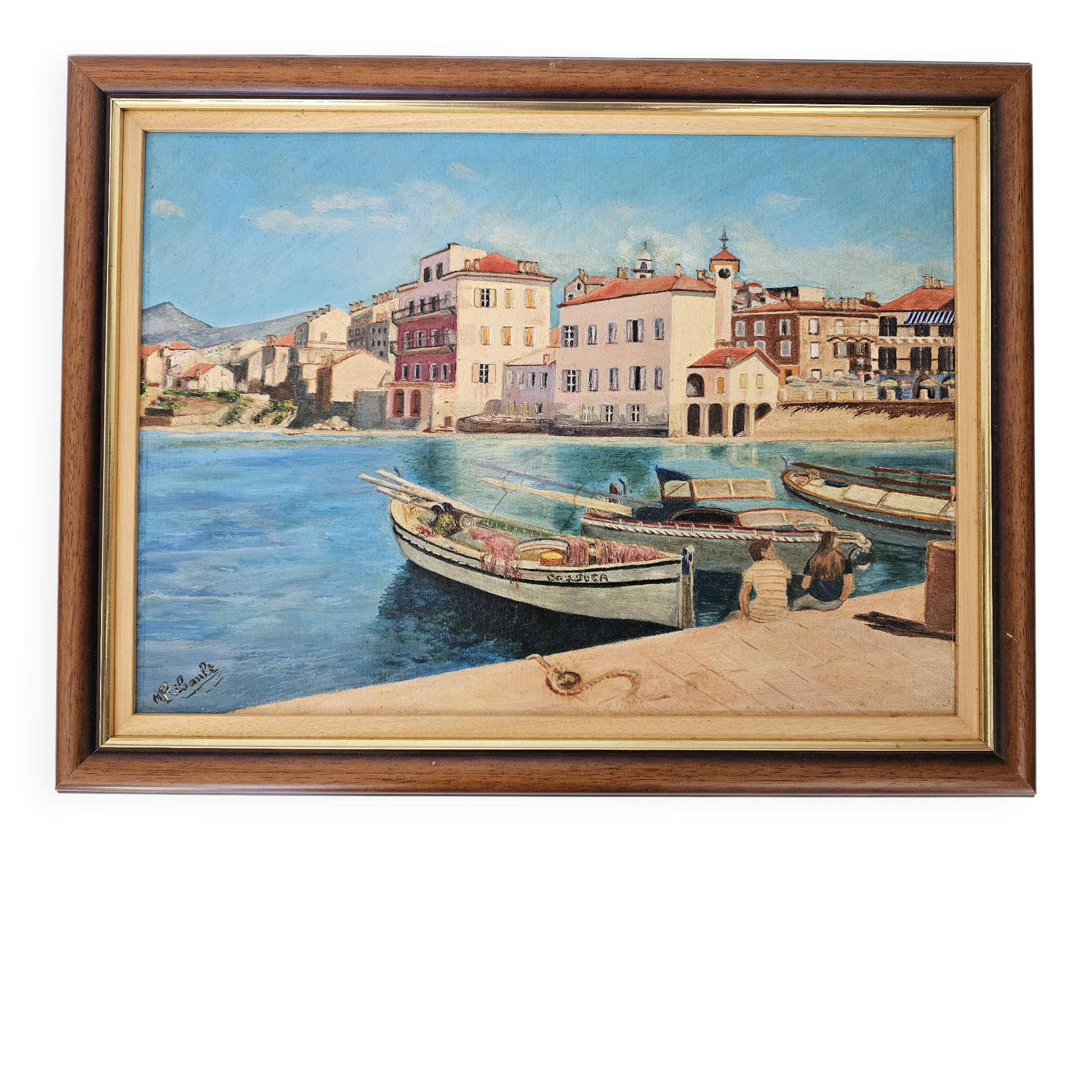 Oil Painting on Panel Mediterranean Port (Saint Tropez) signed Ribault