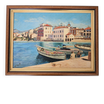 Oil Painting on Panel Mediterranean Port (Saint Tropez) signed Ribault