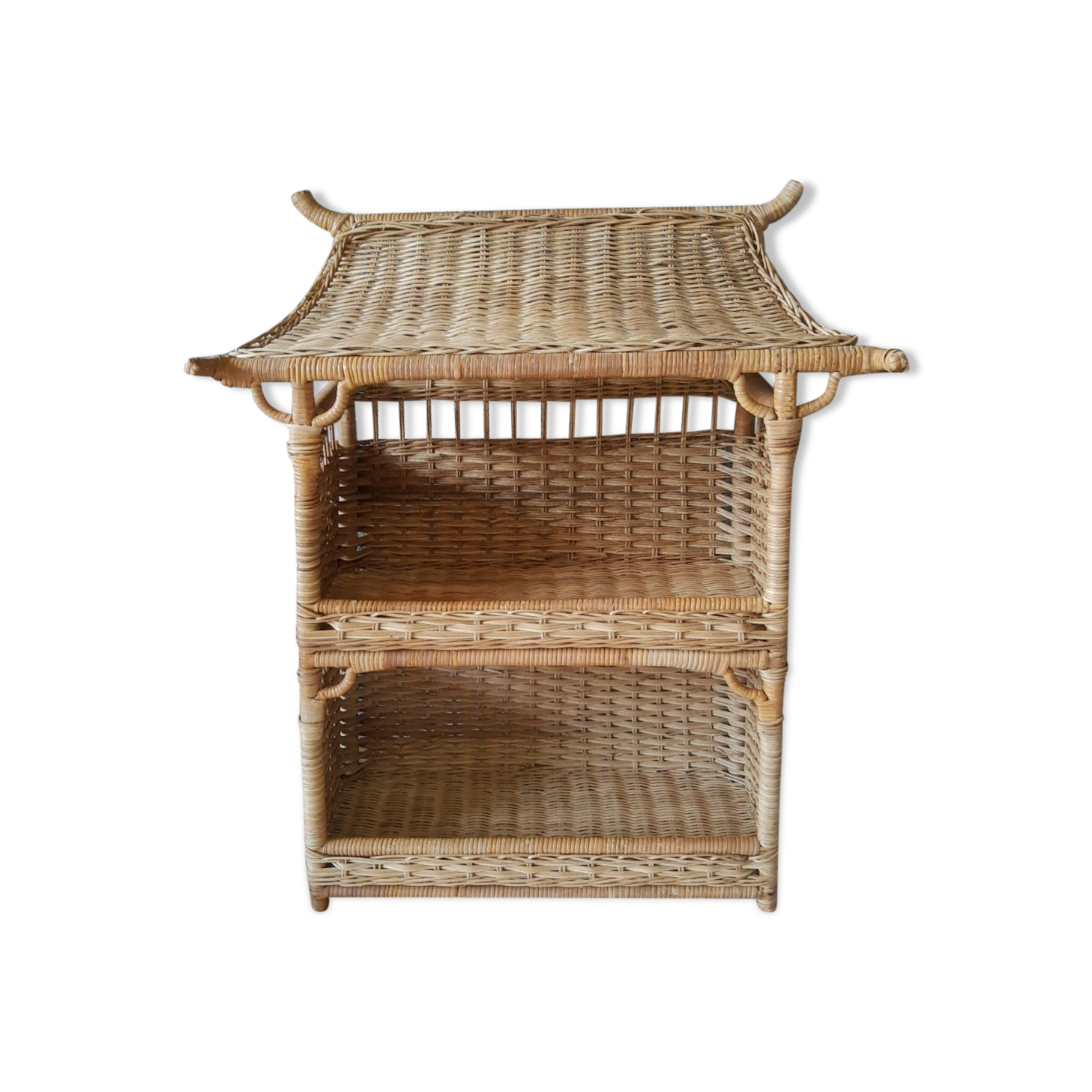 Wall shelf or to be placed in unique Japanese style rattan vintage pagoda