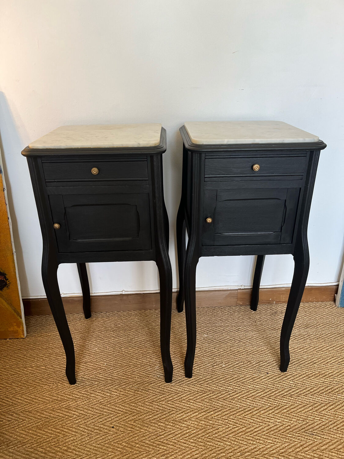 Pair of marble and wood bedside curved feet