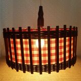 Wicker and red and white gingham checked fabric pendant light - vintage