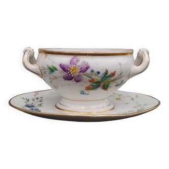 Petite saucière pot à moutarde porcelaine émaillé fin xixeme decor floral