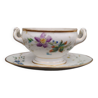 Small gravy boat mustard pot enameled porcelain late 19th century floral decor
