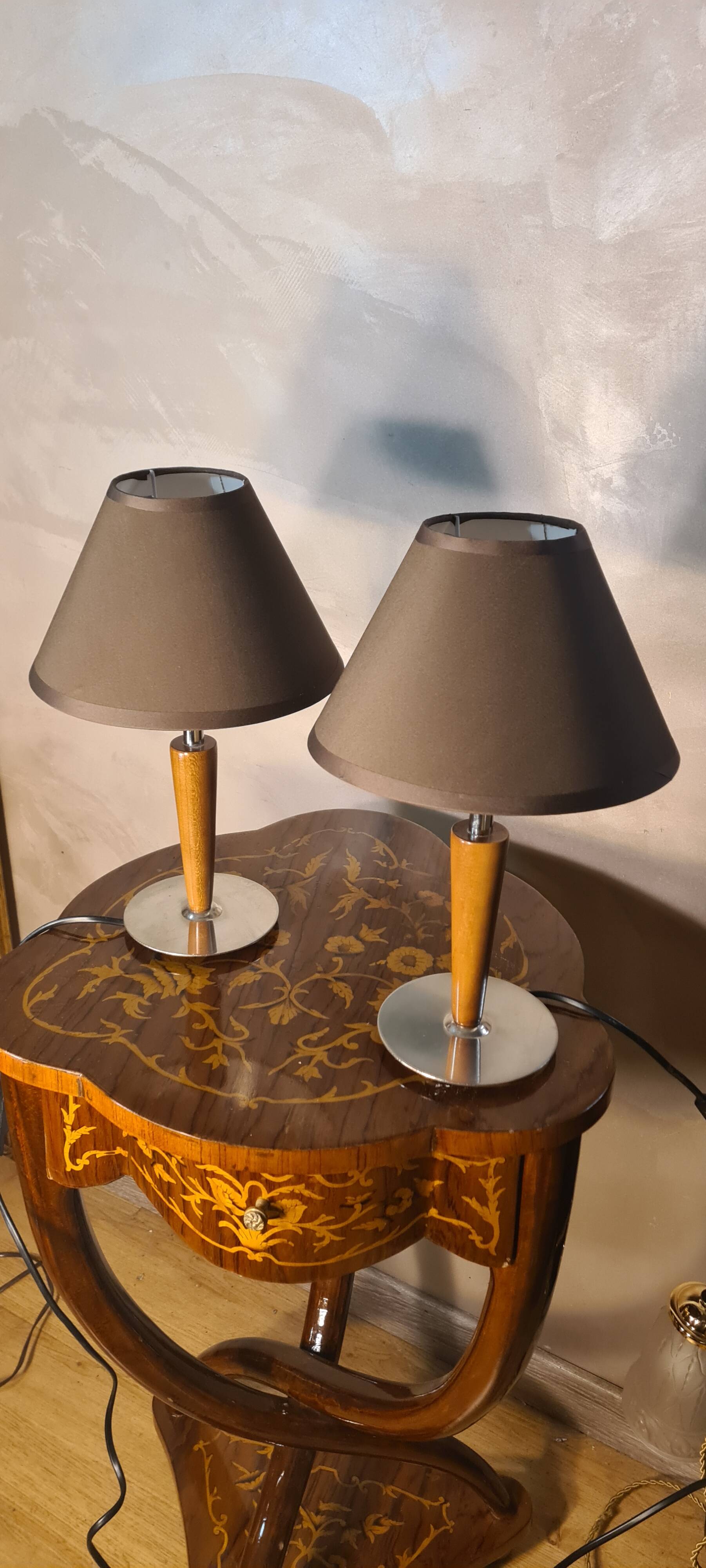 Pair of scandinavian style bedside lamps in wood and silver metal elec ok 30x18