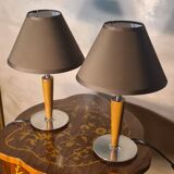 Pair of scandinavian style bedside lamps in wood and silver metal elec ok 30x18