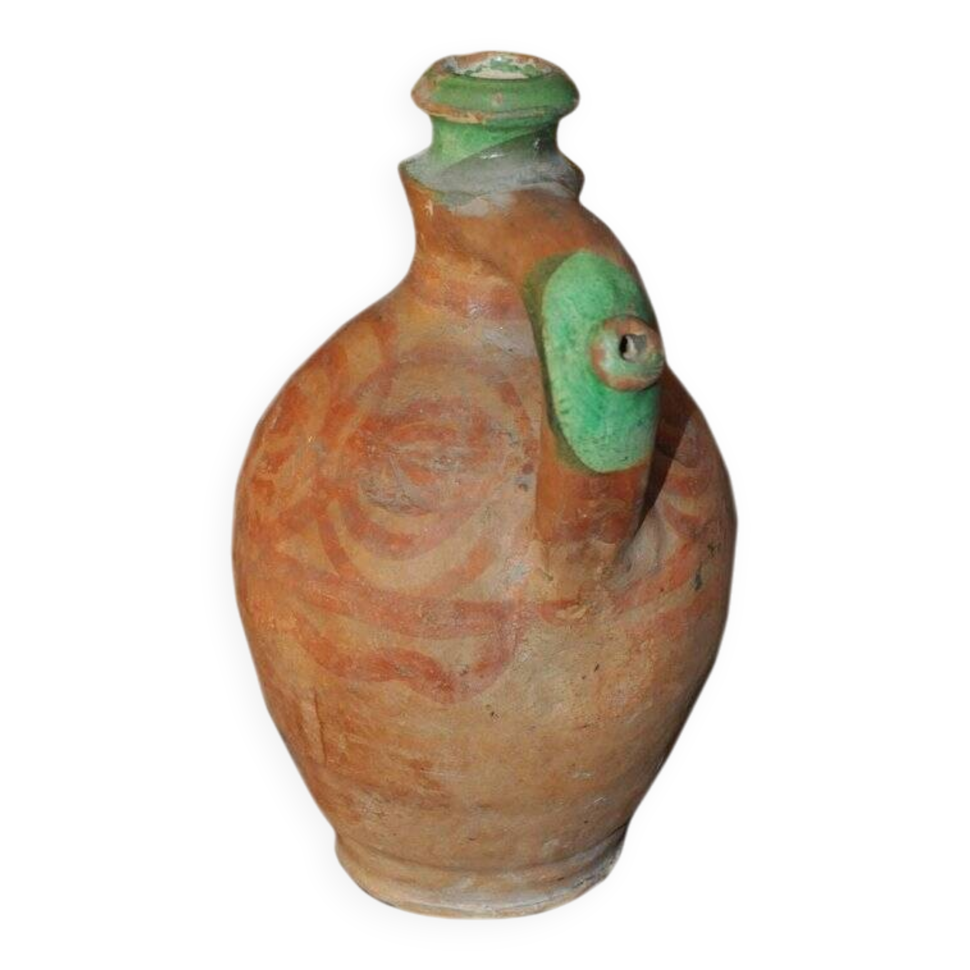 Antique red and green terracotta carafe, rustic Hungarian jug from the 1920s.