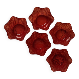 Set of 5 red colored glass bowls Bormioli Rocco Italy ACC-7269