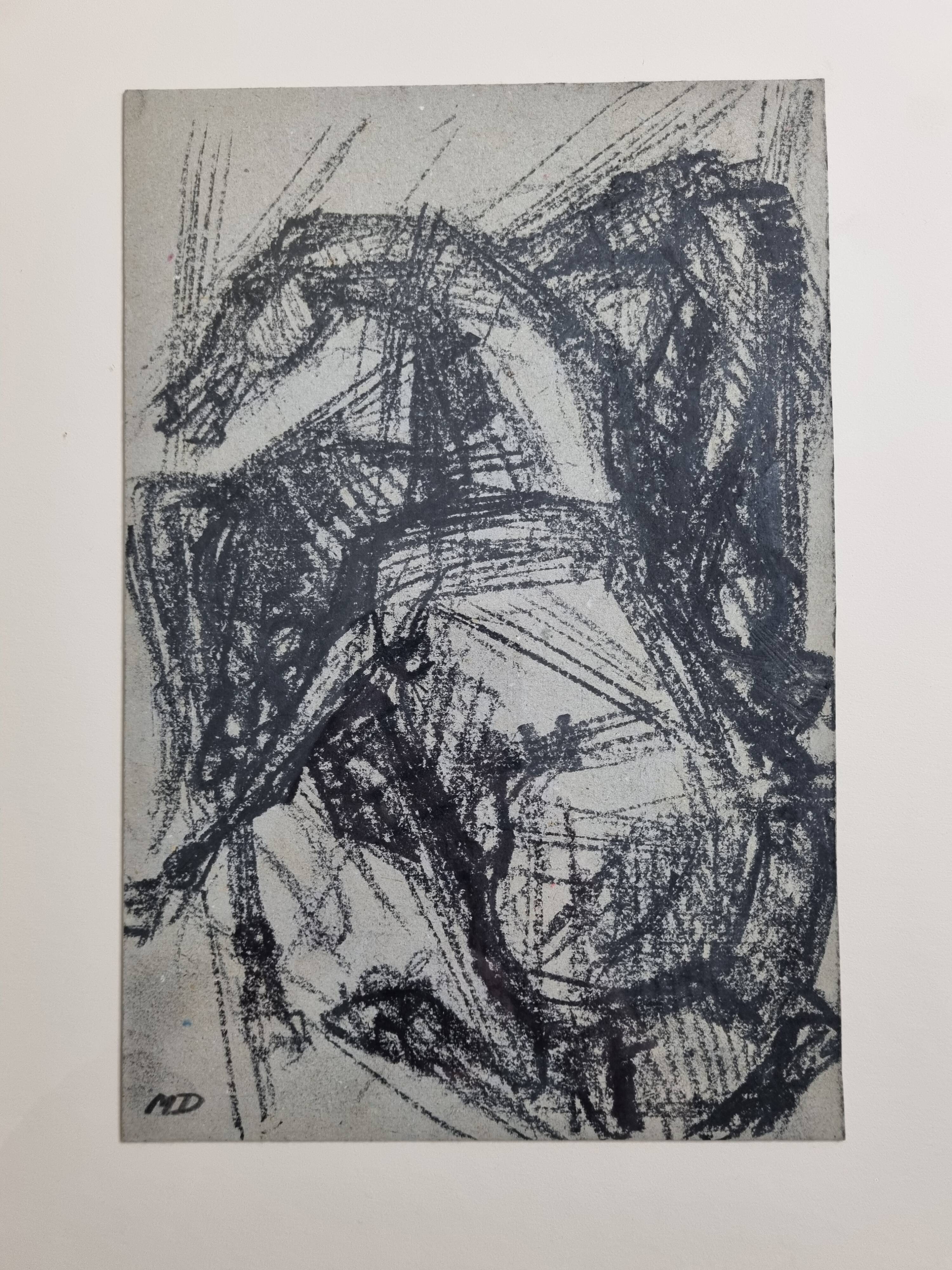 Preparatory study, charcoal sketch by Maurice de Bus – Gilded frame, 32 x 42 cm