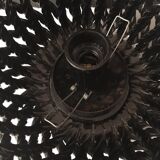 Table lamp with black porcelain support in the shape of a woven basket and opaque glass ball globe