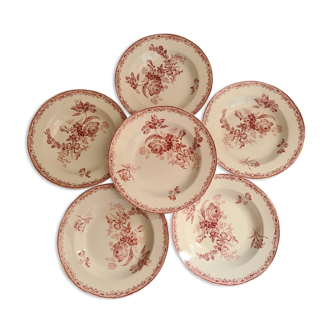 6 Assiettes creuses Sarreguemines ter de Fer rose