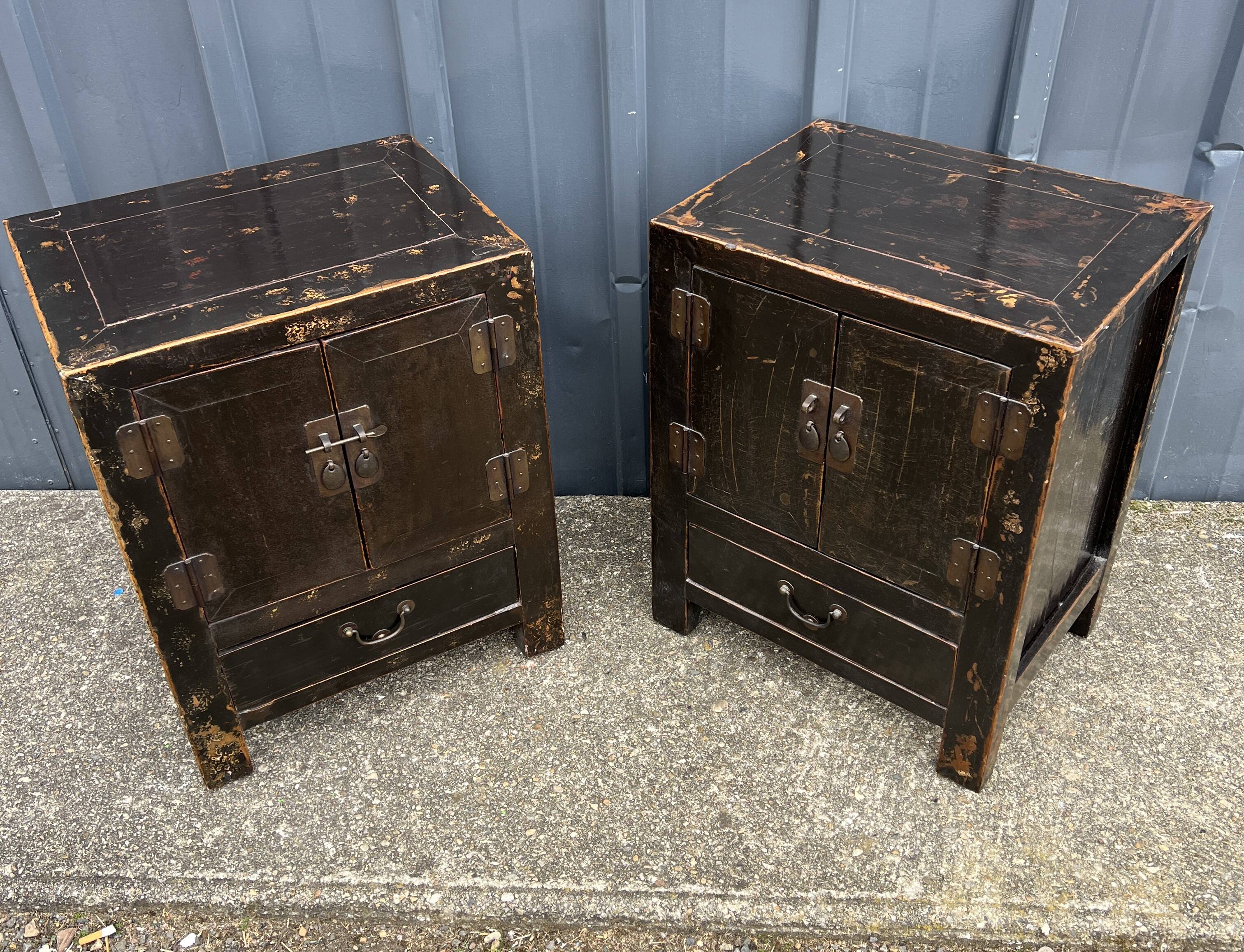 Pair of small occasional or sofa end pieces, lacquered in Asian black