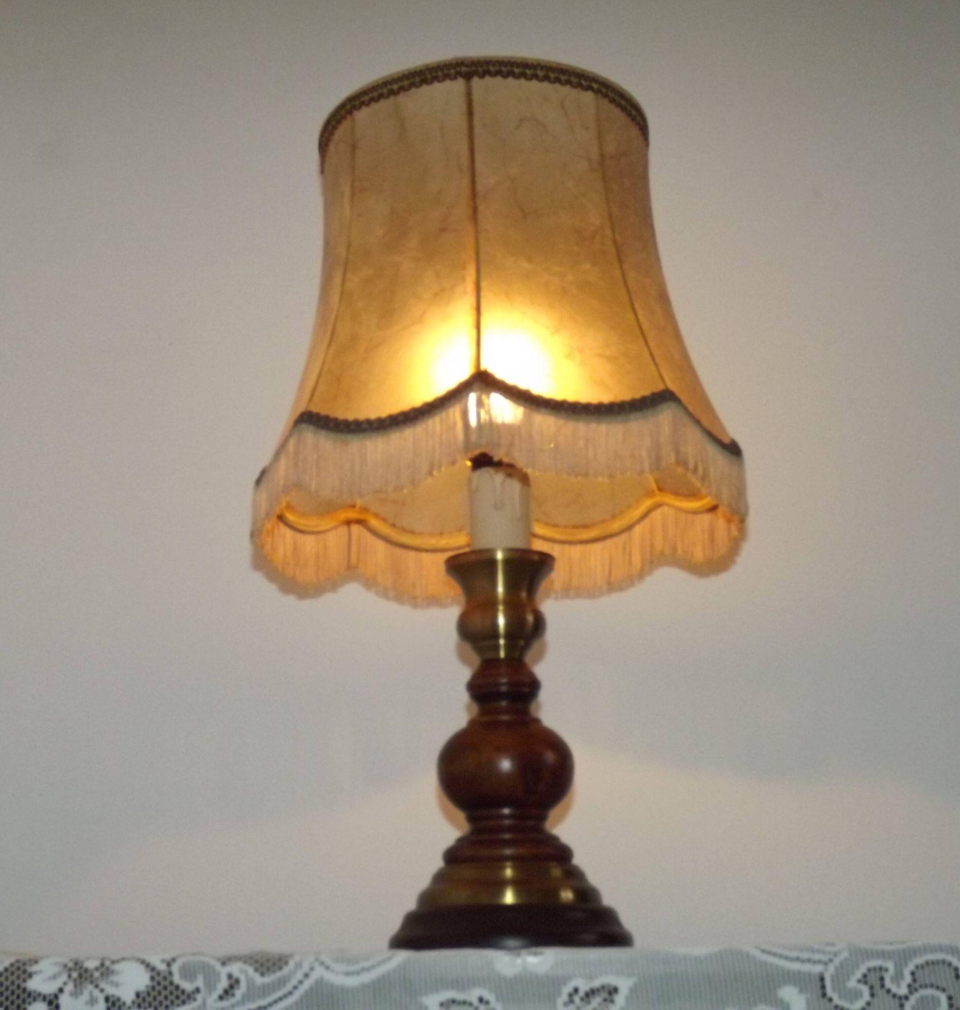 French Mid-Century Brass and Turned Wood Table Lamp with Hide Skin Shade