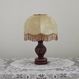 French Mid Century Round Turned Wood Grooved Table Lamp Hide Skin Shade