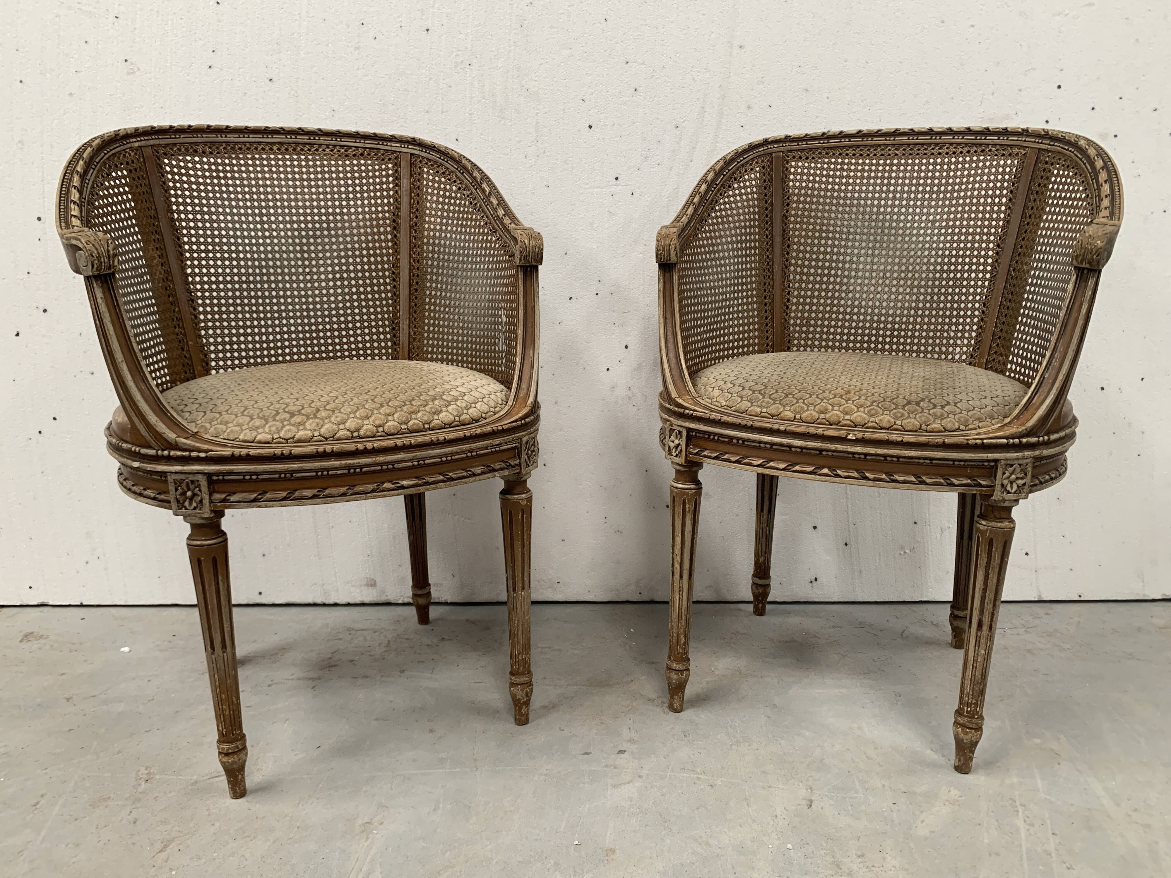 Pair of Louis XVI style basket armchairs in patinated beech, 20th century
