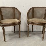 Pair of Louis XVI style basket armchairs in patinated beech, 20th century