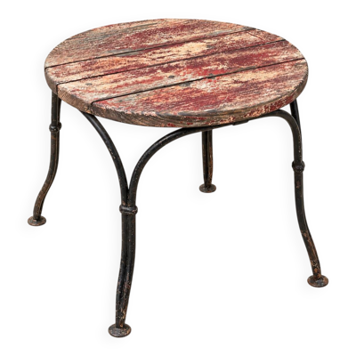 Petite table d’appoint ancienne en fer forgé et bois patiné – années 30/40