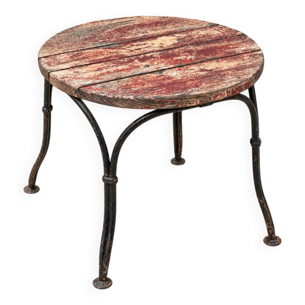 Petite table d’appoint ancienne en fer forgé et bois patiné – années 30/40