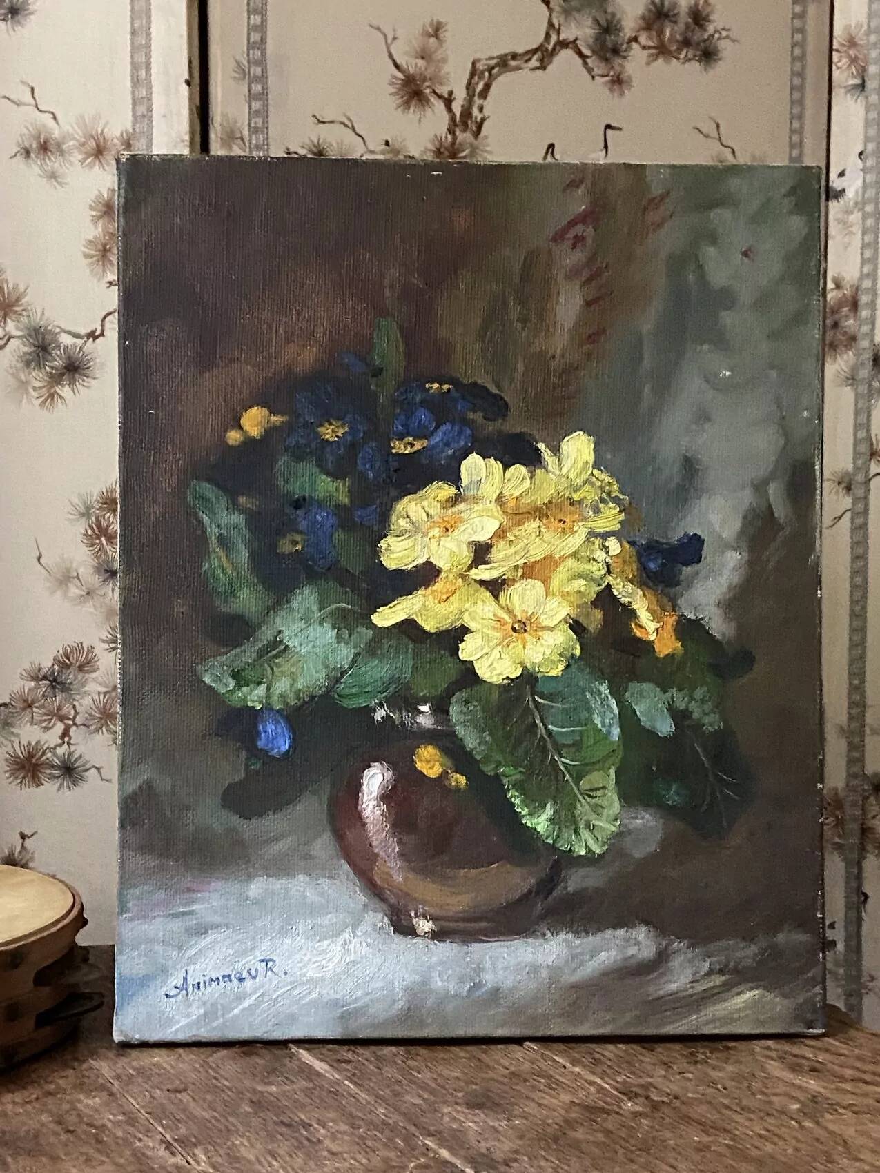 Old painting primroses signed Rinat Animaev – Russian school – oil on