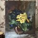 Old painting primroses signed Rinat Animaev – Russian school – oil on