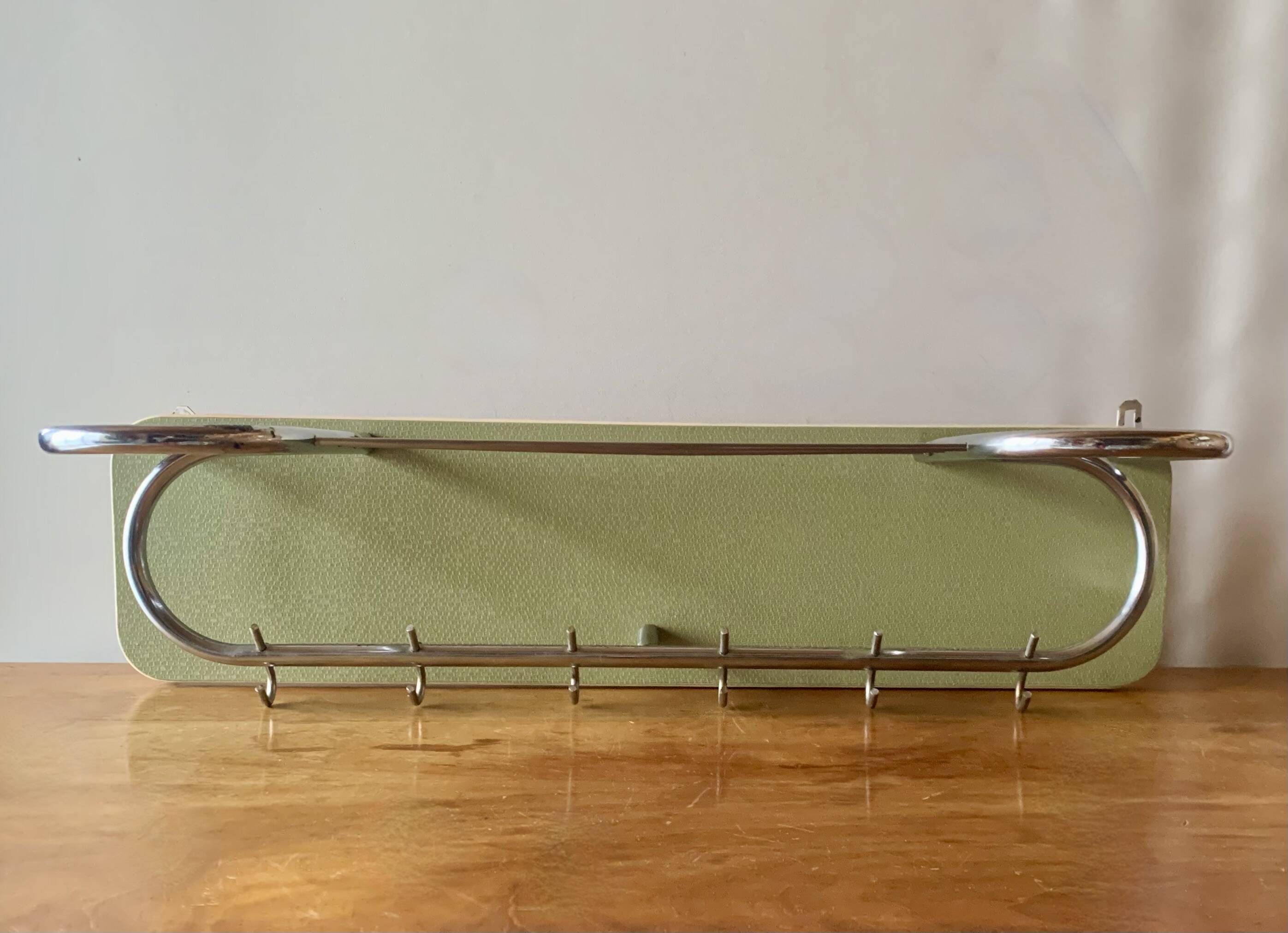 Large vintage wall-mounted coat rack in green Formica and chrome metal
