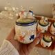 Vintage wooden wall condiment shelf and porcelain pots with geese slip pattern