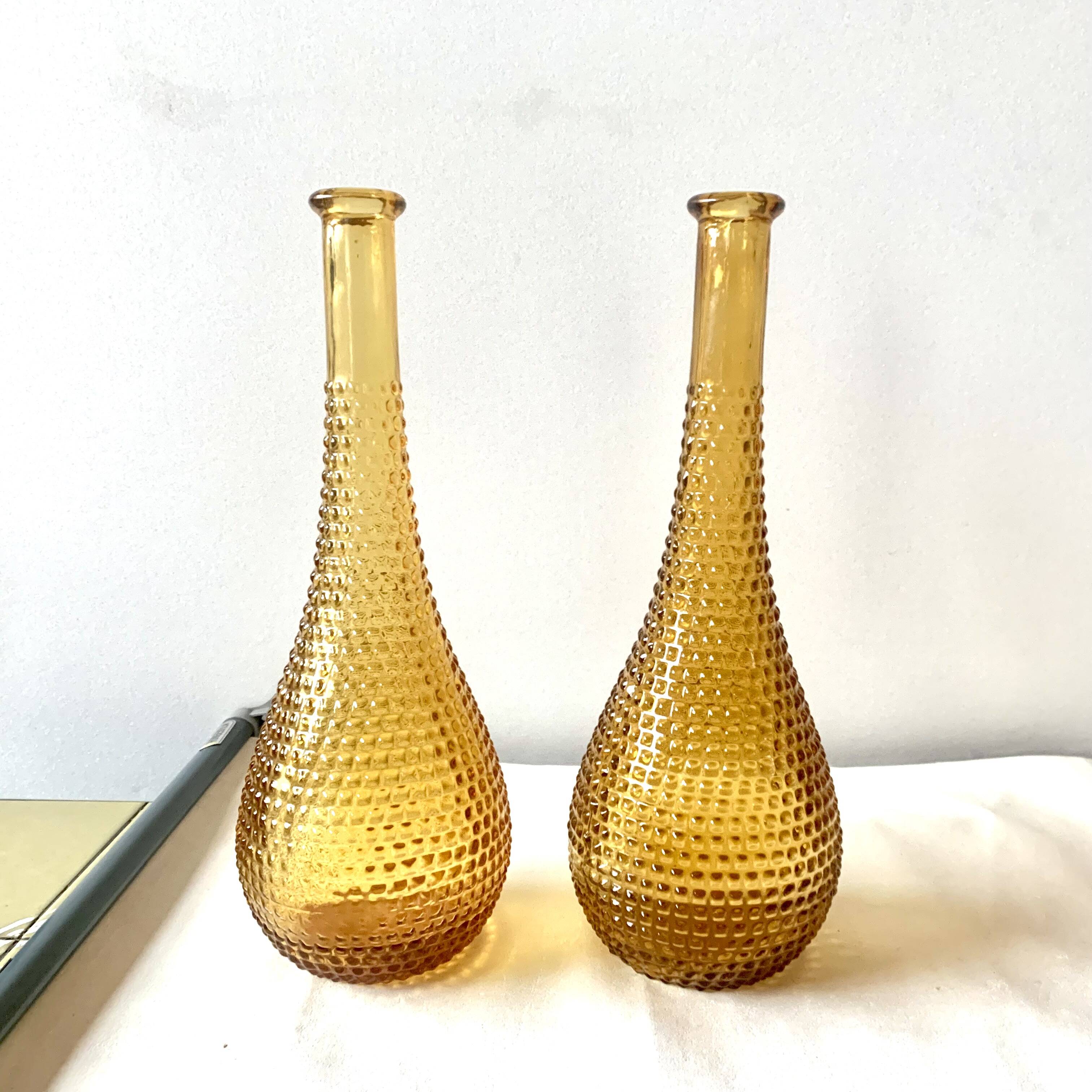 Pair of vintage amber yellow Empoli glass decanters