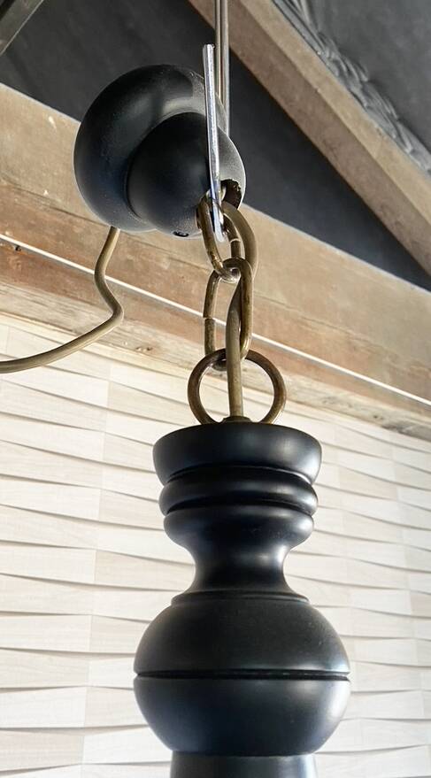 Wood and brass pendant light, black and gold, vintage, 60s.