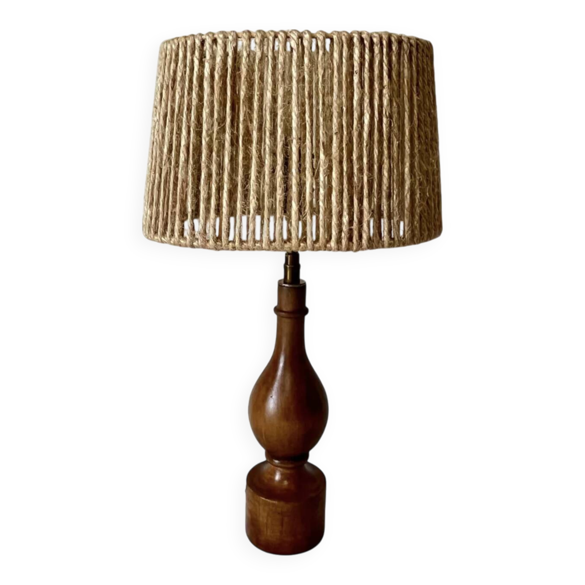 Philippe Capelle vintage 1970s table lamp in turned wood with rope shade
