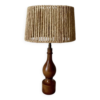 Philippe Capelle vintage 1970s table lamp in turned wood with rope shade