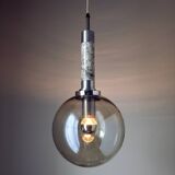 Scandinavian pendant light in brushed stainless steel marble and smoked glass globe. 1970