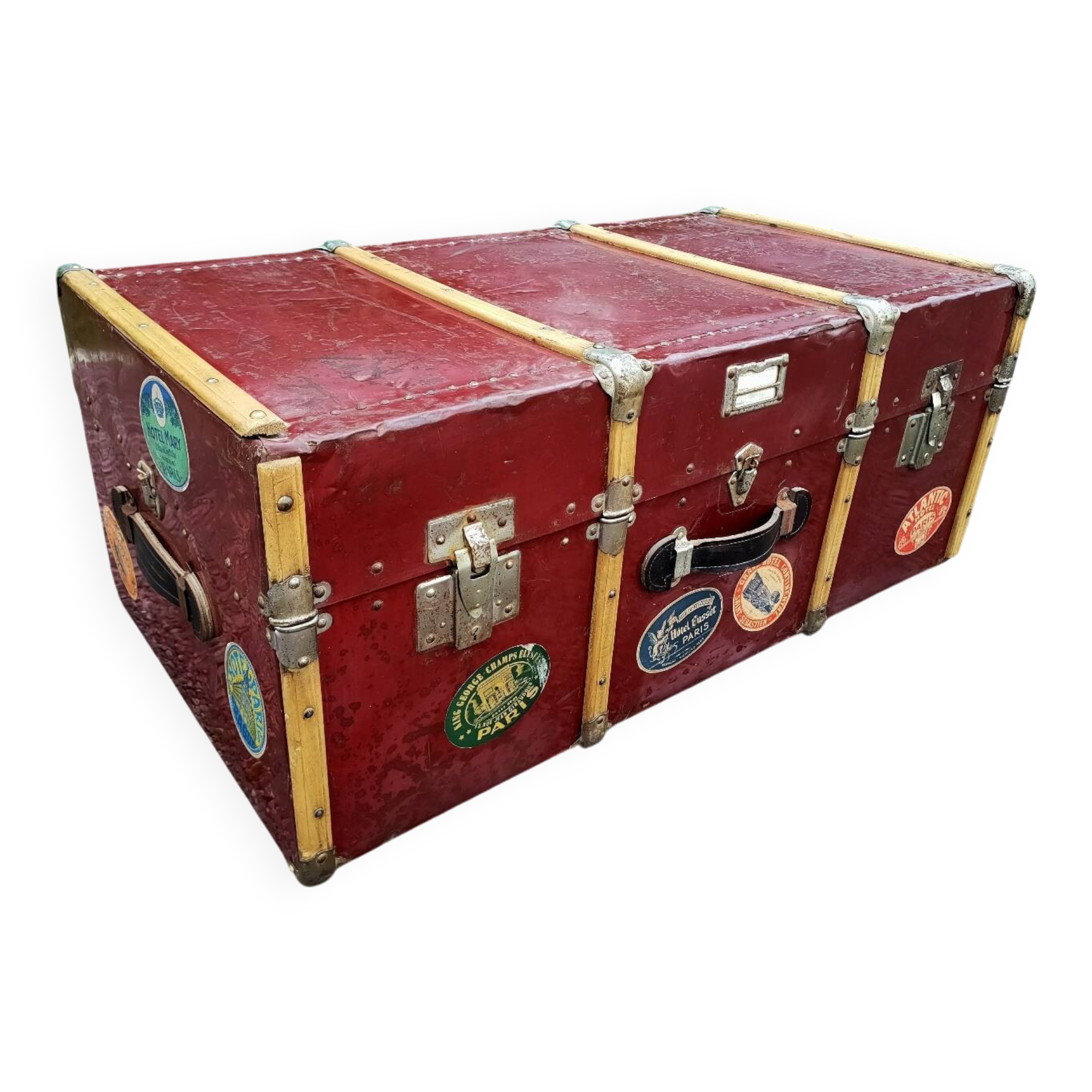 Old metal and wood travel trunk