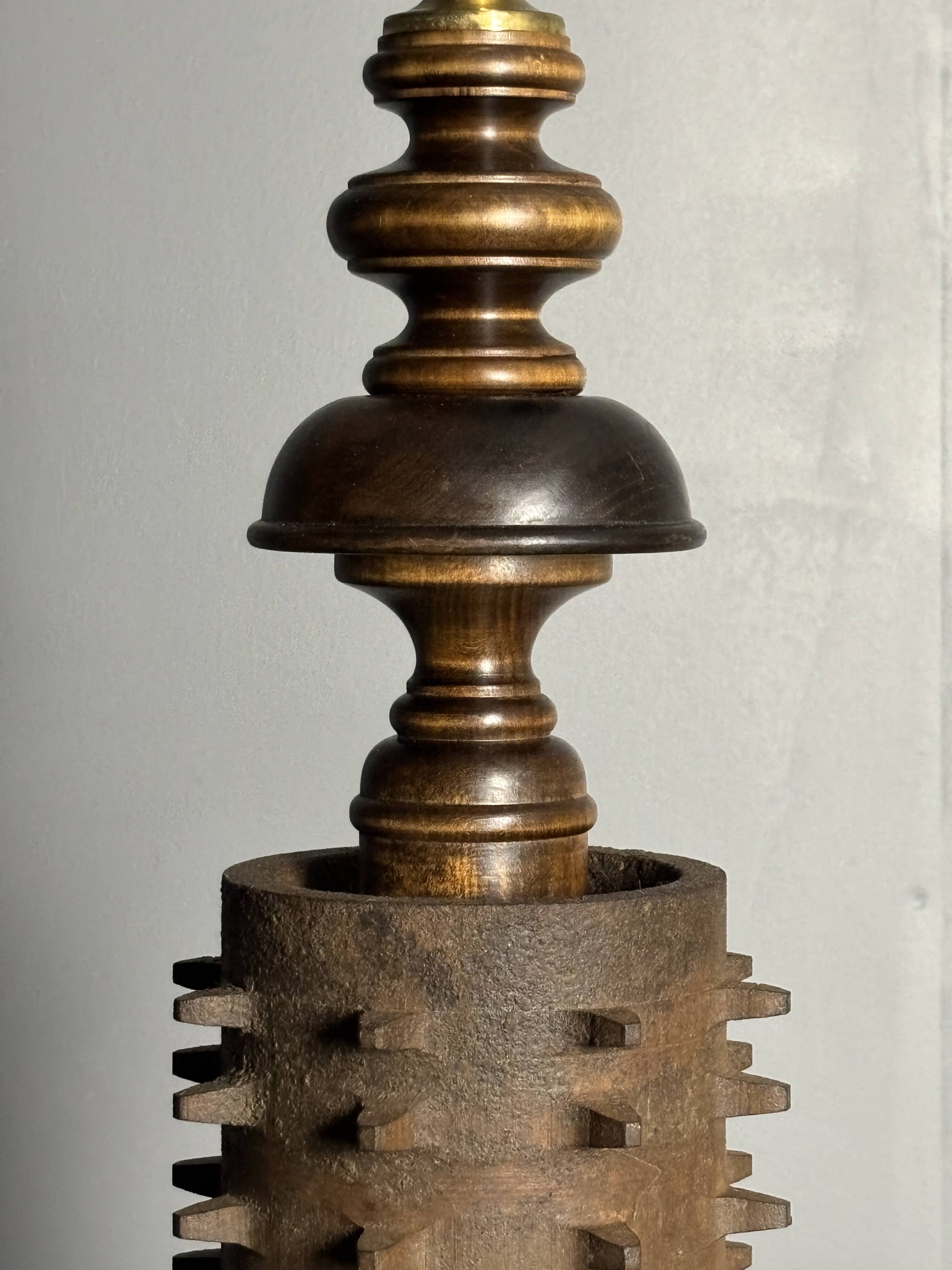 Brutalist wood turned and cast iron large table lamp, 1960s