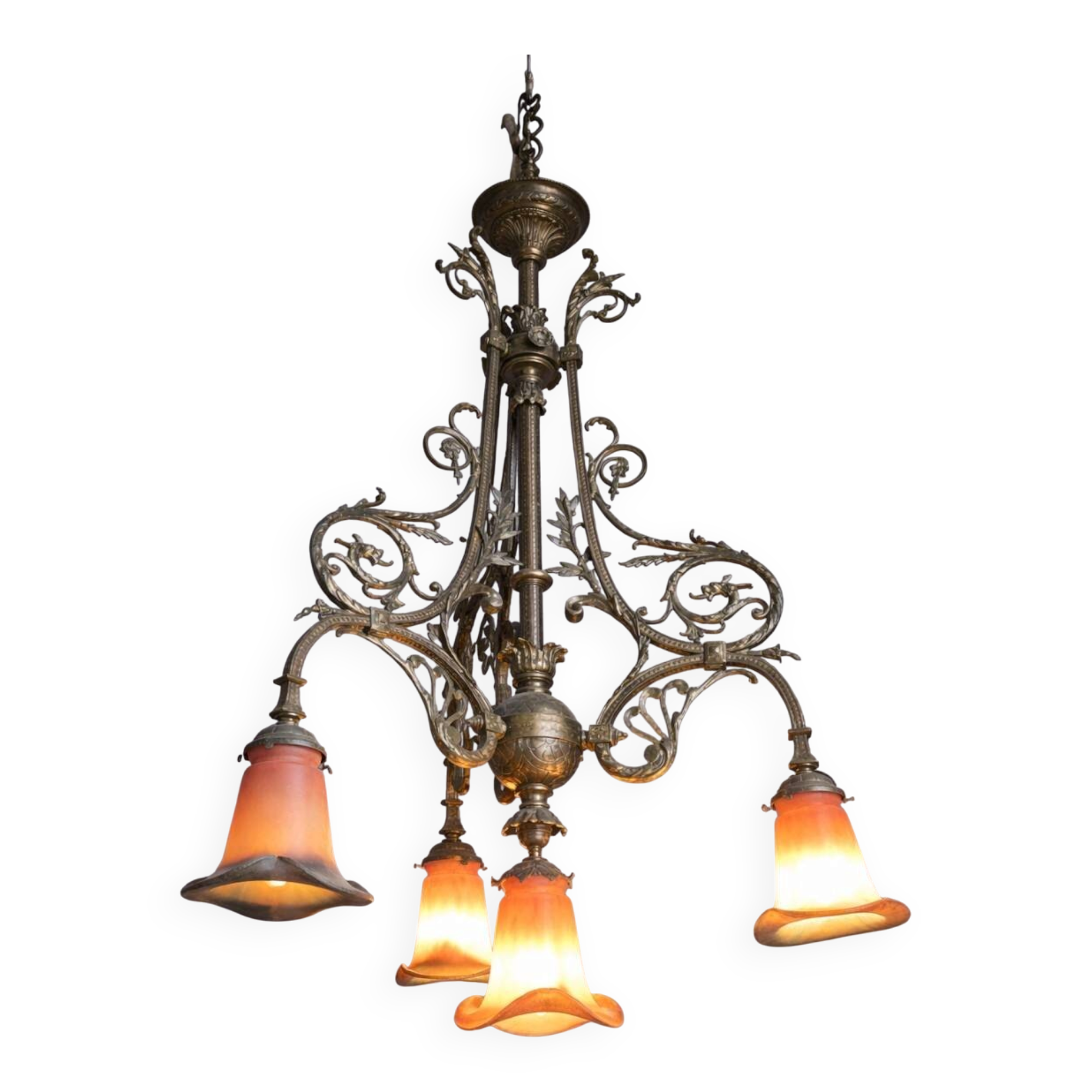 Noverdy Art Nouveau Chandelier – Bronze and Glass Tulips –