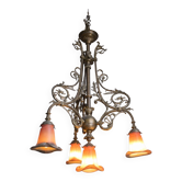 Lustre Art Nouveau Noverdy – Bronze et Tulipes en Verre –