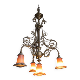 Noverdy Art Nouveau Chandelier – Bronze and Glass Tulips –