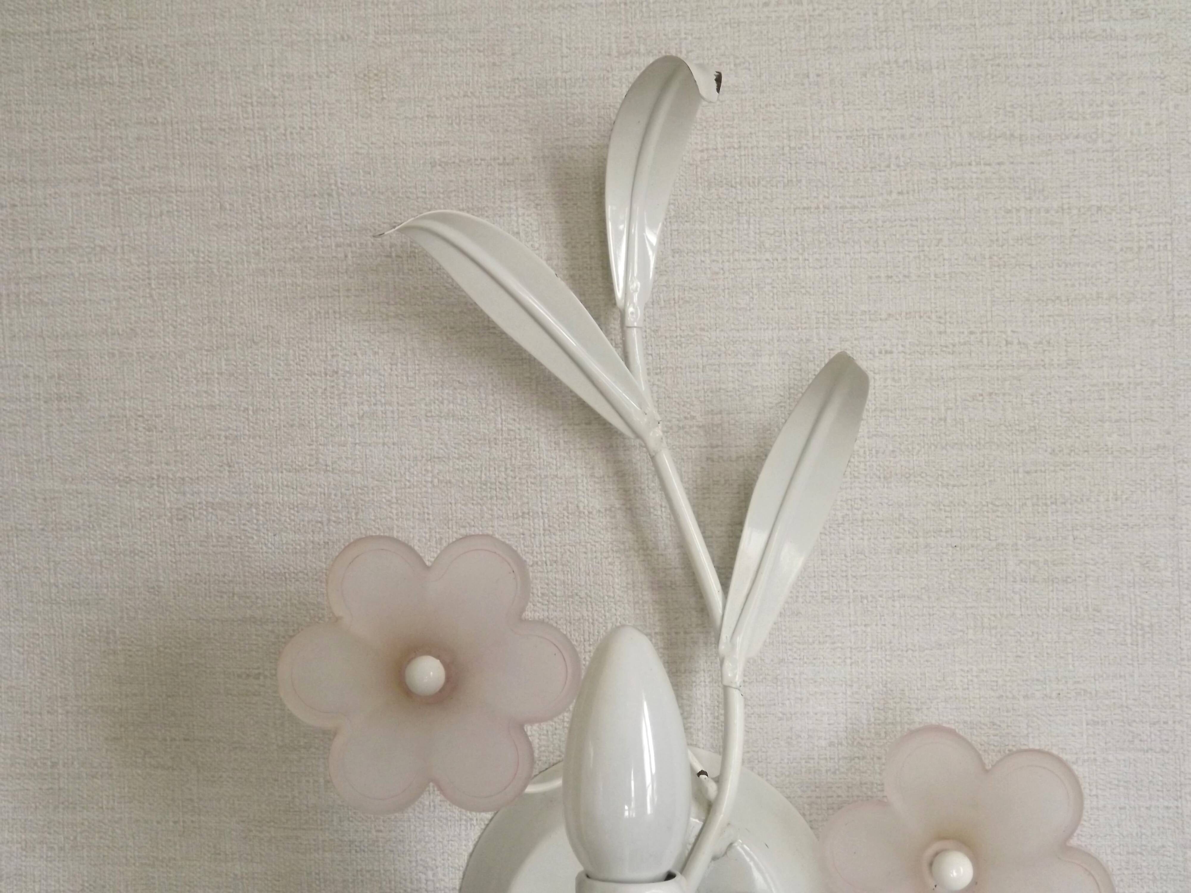 French vintage white metal double wall light with pink glass flowers 5438.
