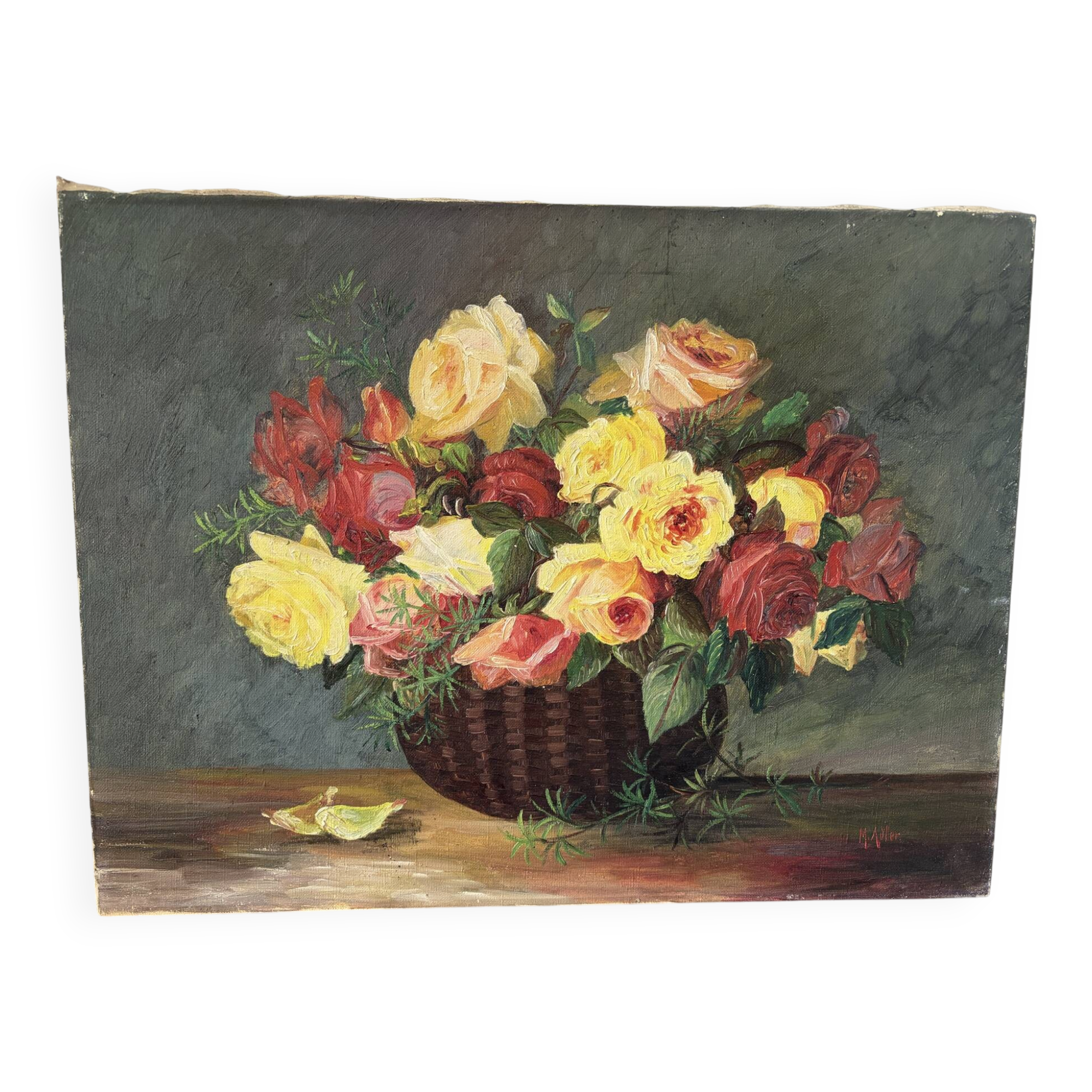 Basket of roses, oil on canvas signed